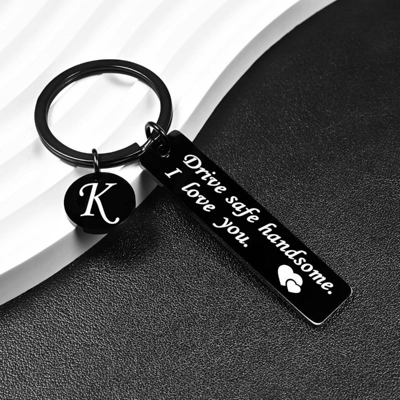 OUMILAN Drive Safe Keychain 26 Letters Keychain Gifts for Boyfriend Couple Husband Dad Birthday Christmas Valentines Day Gifts (D-silver), 1.96Lx0.47Wx0.06H in