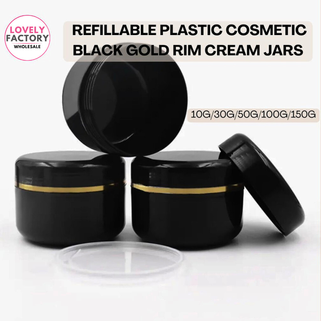 10G/20/30g/50g/100g/150g Refillable Plastic Cosmetic Black Gold Rim ...