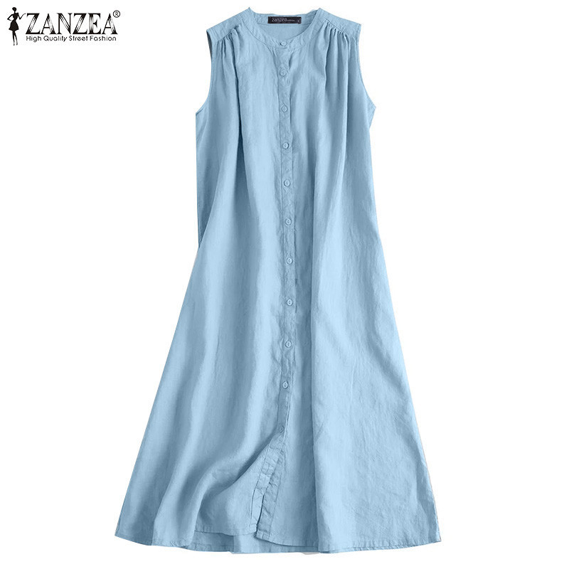 ZANZEA Women Korean Casual Sleeveless Round Neck Loose Placket Ruffles  Tucks Dresses