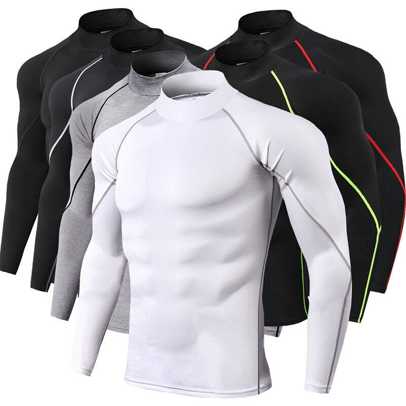 Mens Turtleneck Long Sleeve Compression Shirt Base Layer Tops Gym