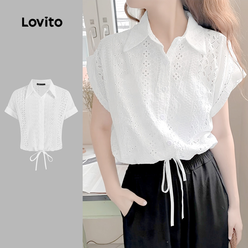 Lovito Casual Plain Eyelet Embroidery Drawstring Ruched Blouse for ...