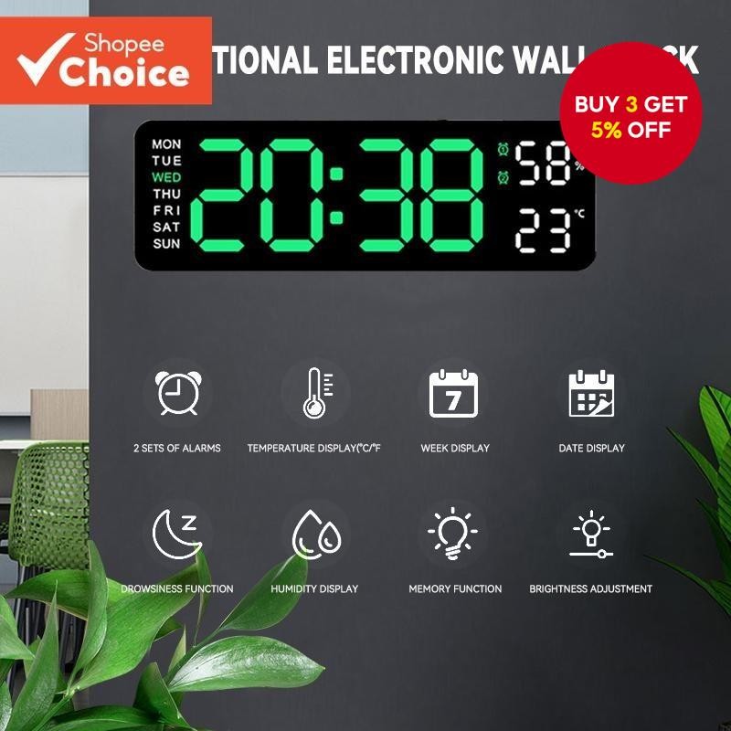 LED Wall Clock Digital Clock with Date and Temperature Display Large ...