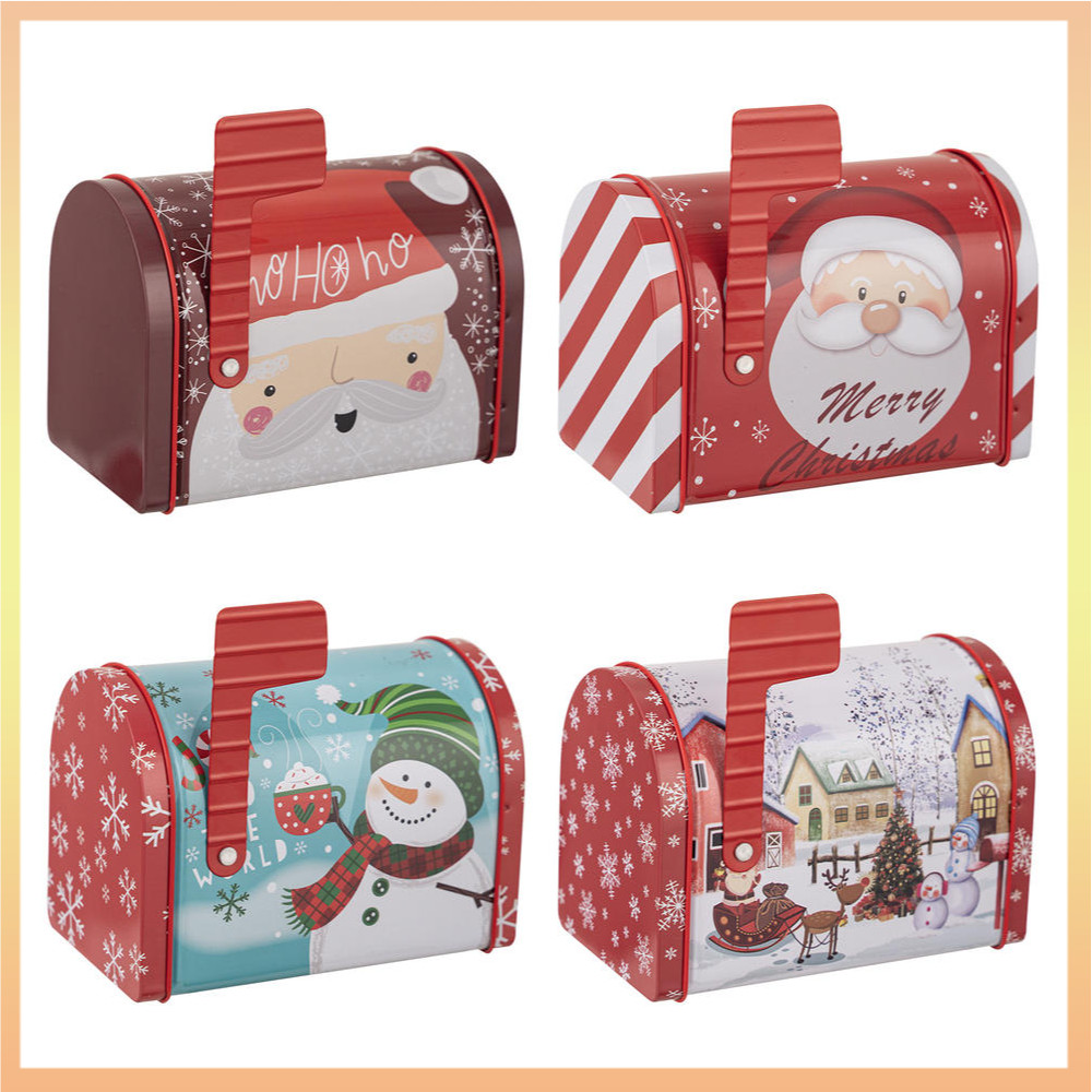 JUOPZKENN 4pcs Christmas Tinplate Mailbox,Decorative Tin Mailbox Metal Cookie Tins Mini Mailbox Shaped Christmas Storage Container For Party