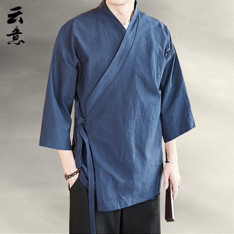 现货！七分袖汉服男夏季中国风斜襟上衣禅意居士服古风茶服棉麻道袍外套Seven inch sleeve Hanfu men's summer ...
