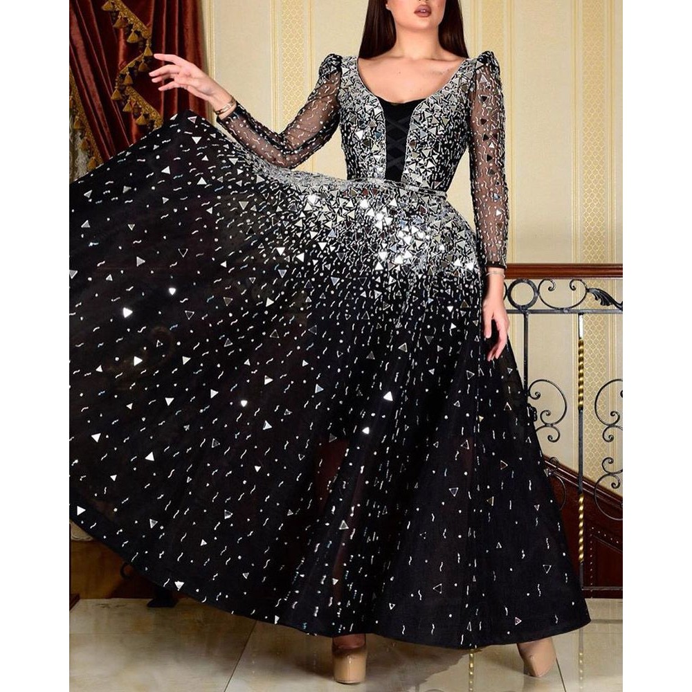 High Grade Long Sleeved round Neck Cocktail Rope Large Swing Sequined Evening Dress Bridesmaid Dress main image 1