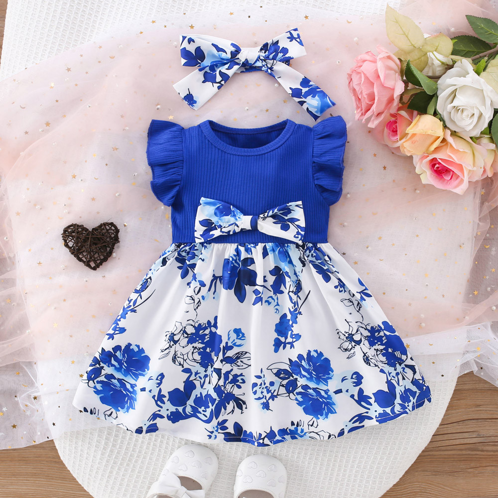 Summer Blue Dress For Baby Girl Flower Printed Bow Cotton Baby Dress Send Hairband Shopee Malaysia