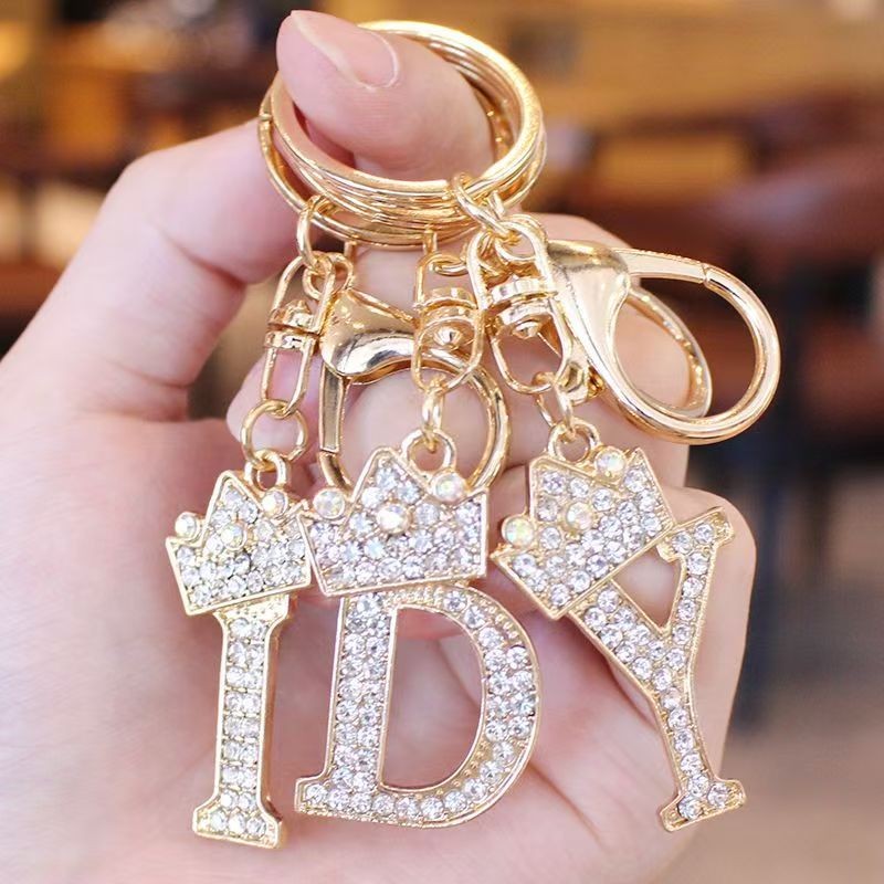1pc A-Z Letters Rhinestone Female Key Chain Charm Crystal Crown Metal ...