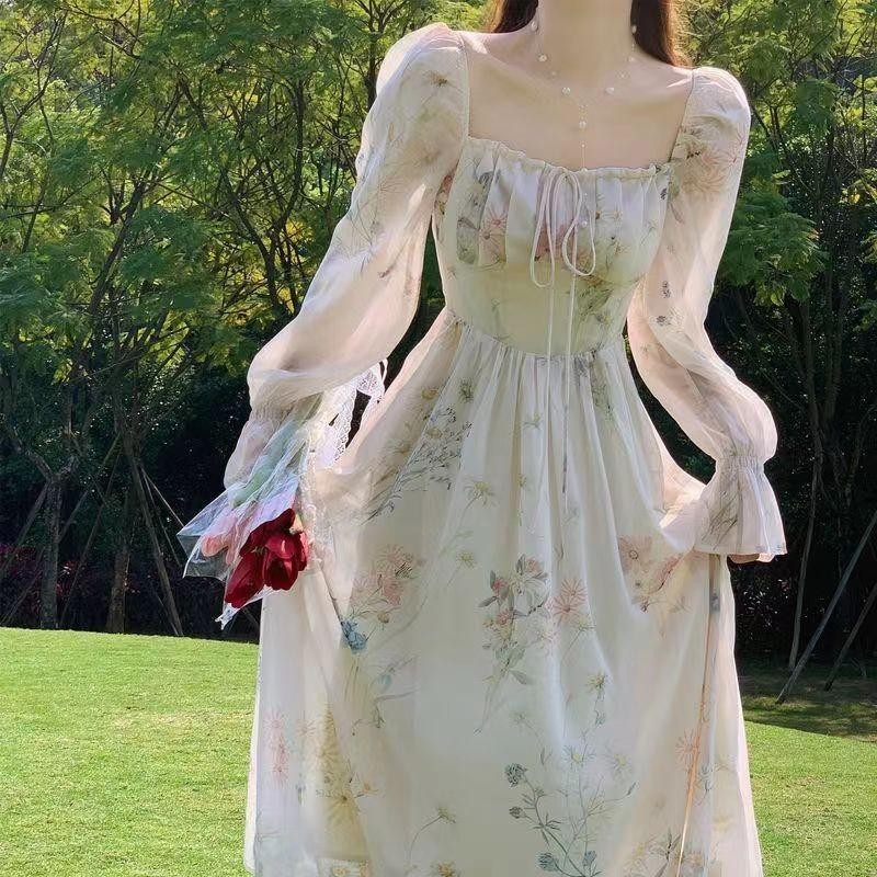sachin and babi light blue dress Women's Sweet Chiffon Dress, Summer Long-sleeved Dress, French Square Neck  Dress, Casual Cute Dress, Chiffon Fairy Dress for Students