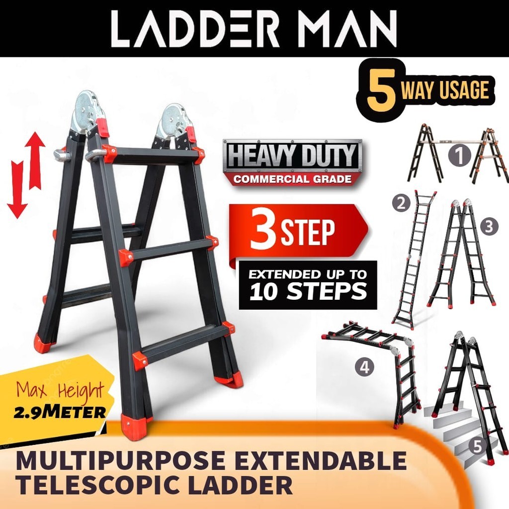 3 STEP Black Transformable Telescopic Extendable Ladder Heavy Duty ...