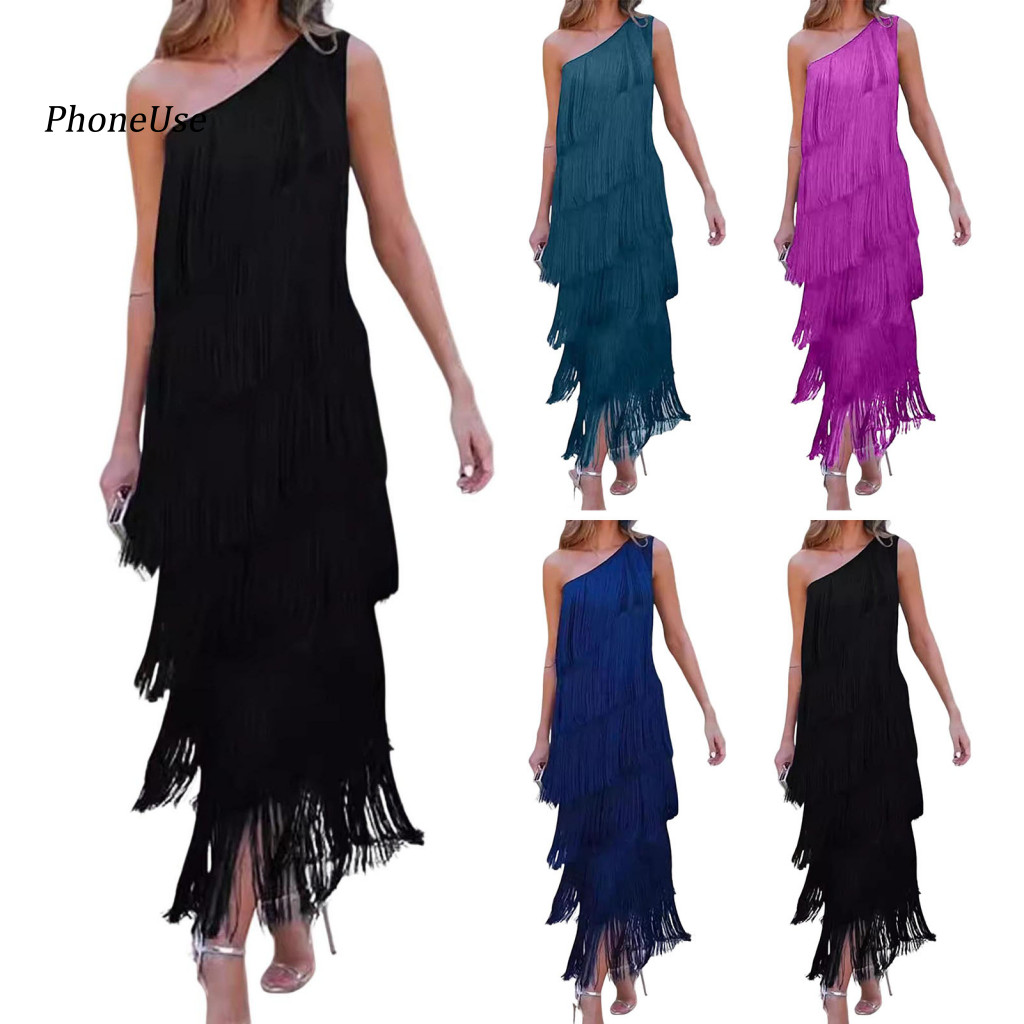 One Shoulder Cocktail Dress with Fringe