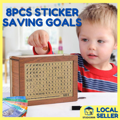 8PCS Goals Saving Sticker Wooden Money Box Piggy Bank Saving Money Goal ...