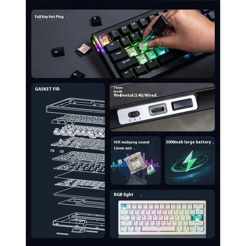 Cidoo QK61 Mechanical Keyboard Three mode Bluetooth 2.4G QMK VIA RGB ...