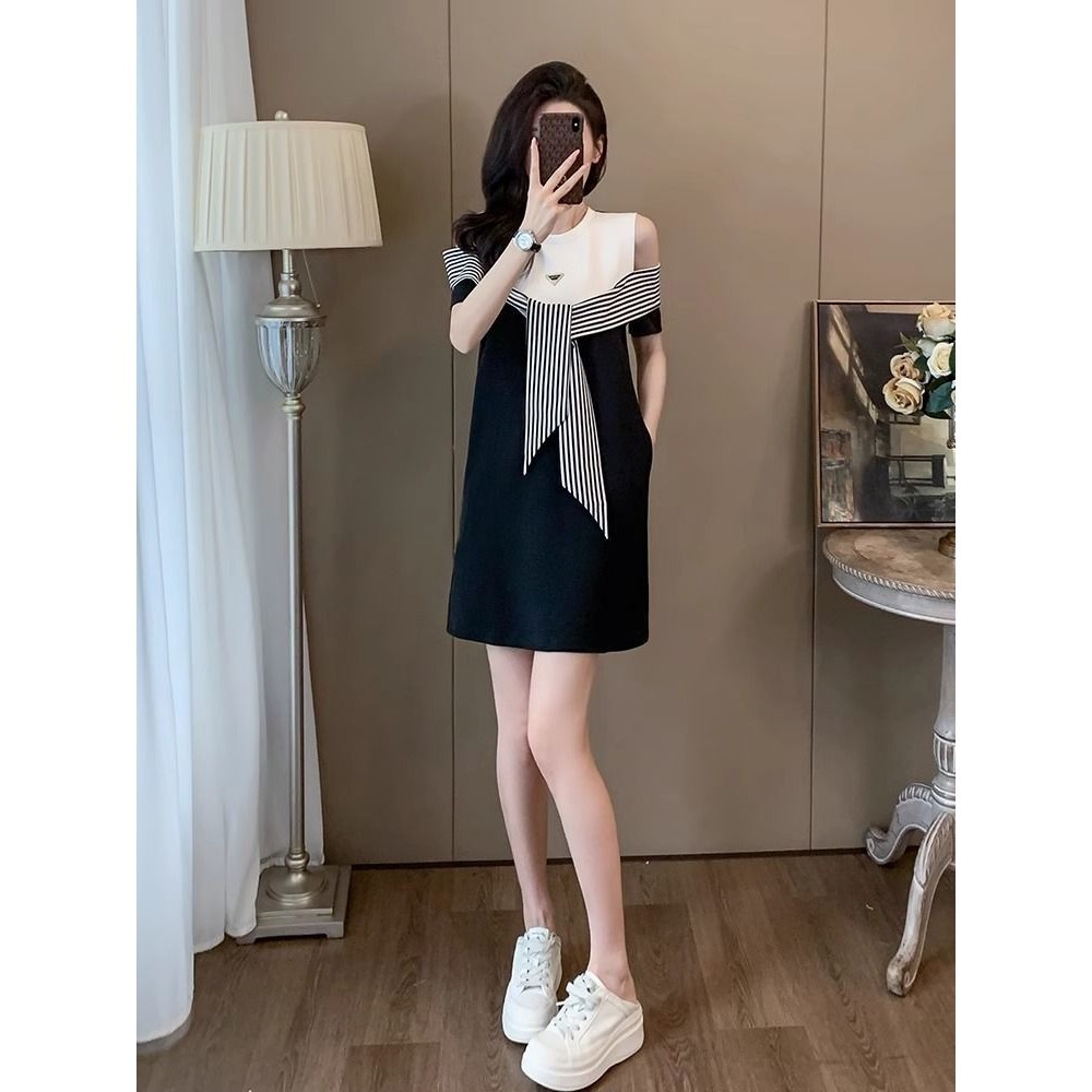 Niche Design Stitching Fake Two Piece Strapless Dress Women Cover Belly Slimmer Look Loose Casual T Shirt Dress 7.16 Shopee Malaysia