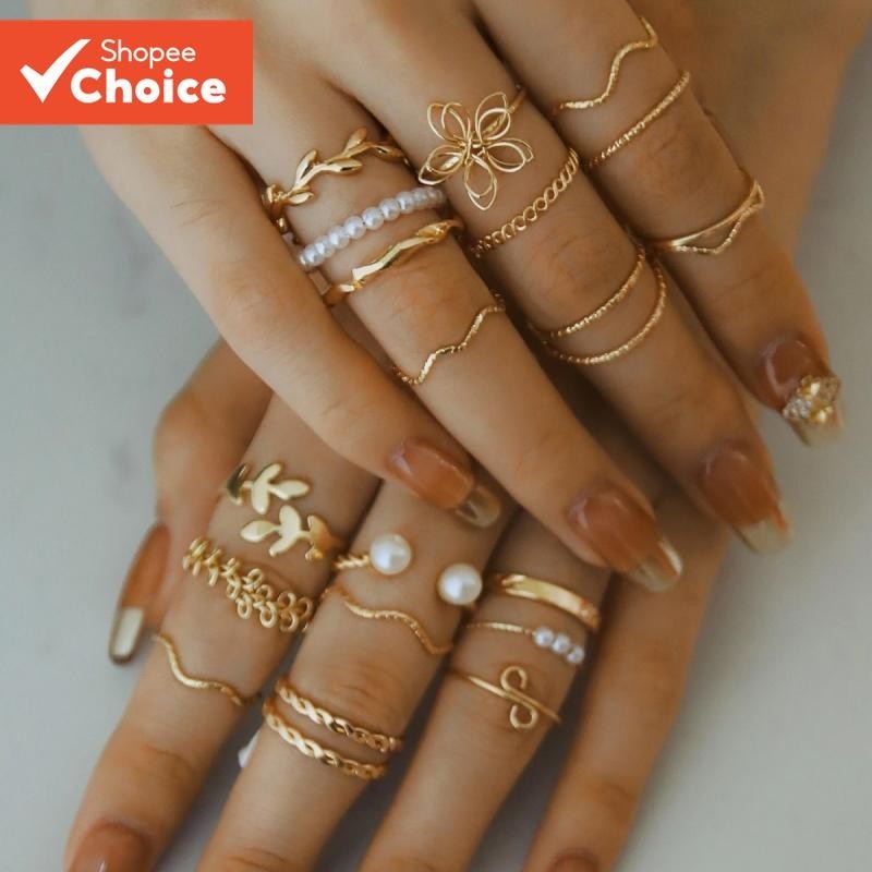 Top Fashion 20PCS Faux Pearl Floral Snake Ring Set Minimalist Leaf ...