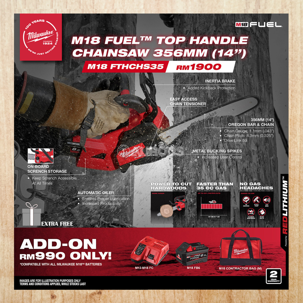 MILWAUKEE M18 FUEL TOP HANDLE CHAINSAW 356MM (14'') M18 FTHCHS35-0G0 ...