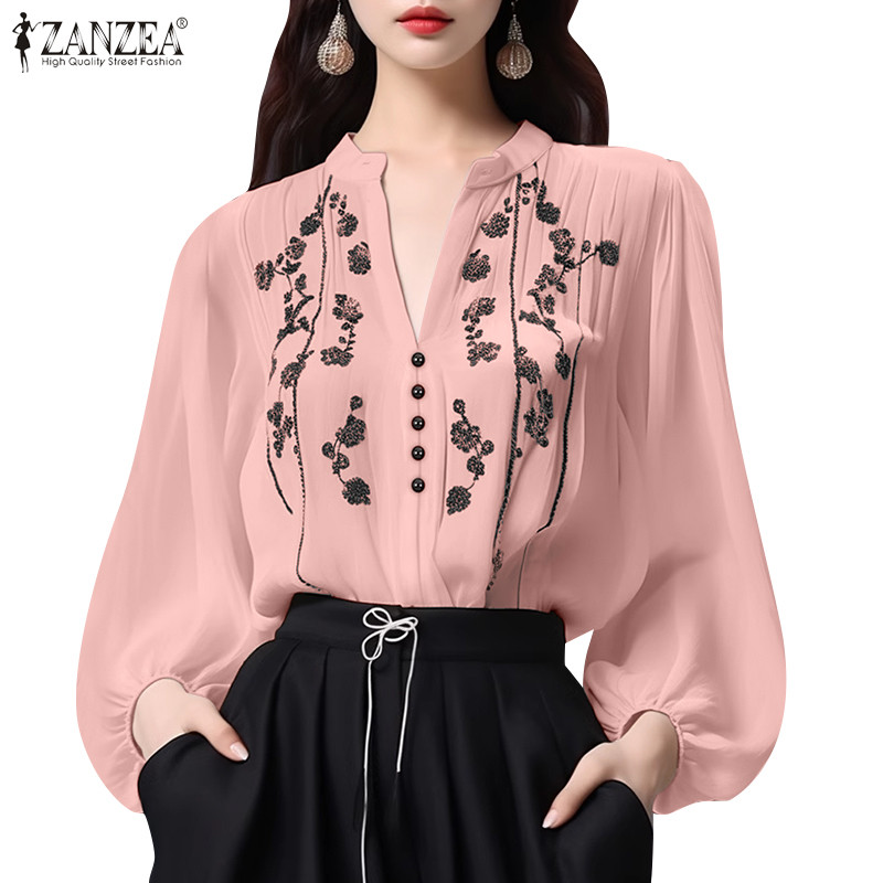 ZANZEA Women Korean Fashion Printing VNeck Loose Long Sleeve Blouse