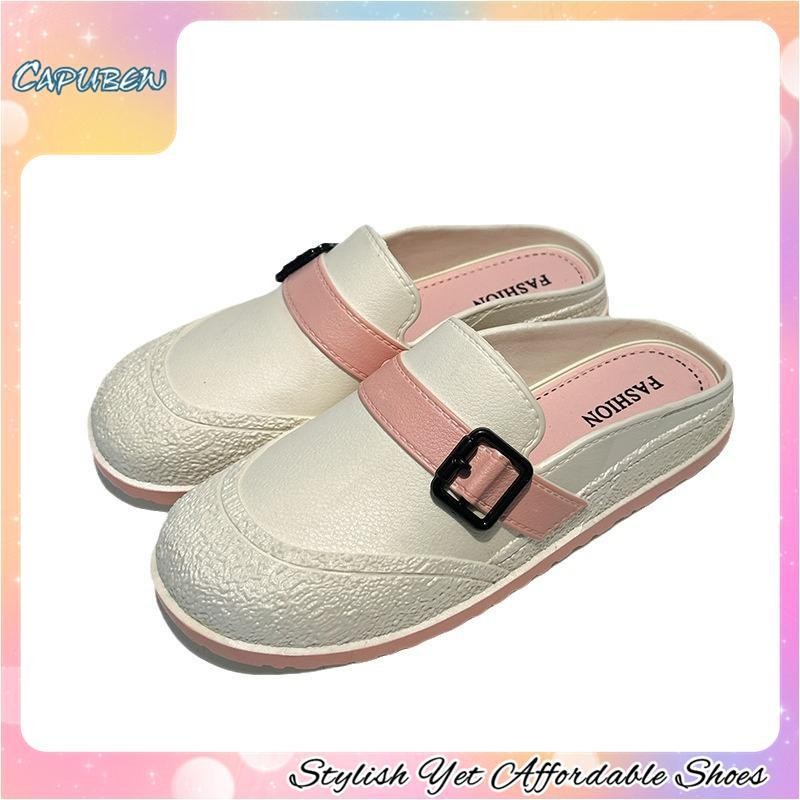CAPUBEW Wanita sandal lantai rata ringan bernafas separuh sandal santai ...