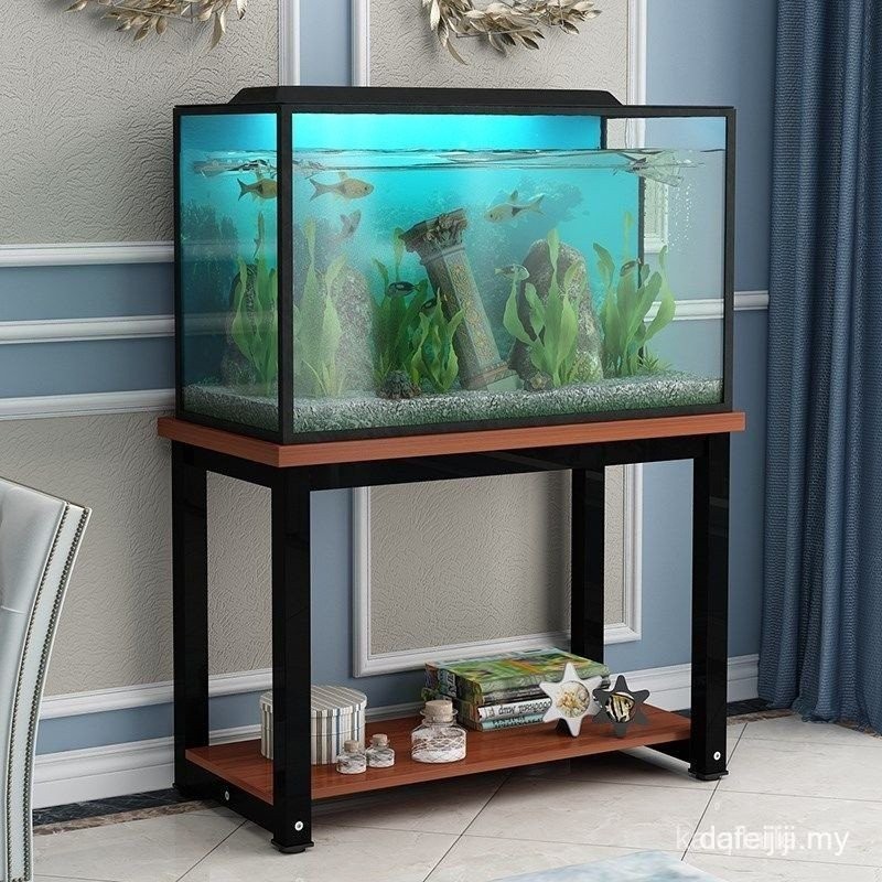 Fish tank with steel and wood structure, fish art bottom cabinet, gold ...
