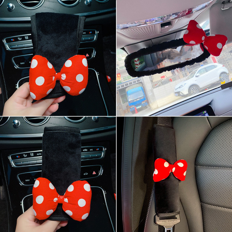 Polka Dot Bow Protective Cover Pad, Headrest Car Interior Decoration, Car Handbrake/Shift Knob