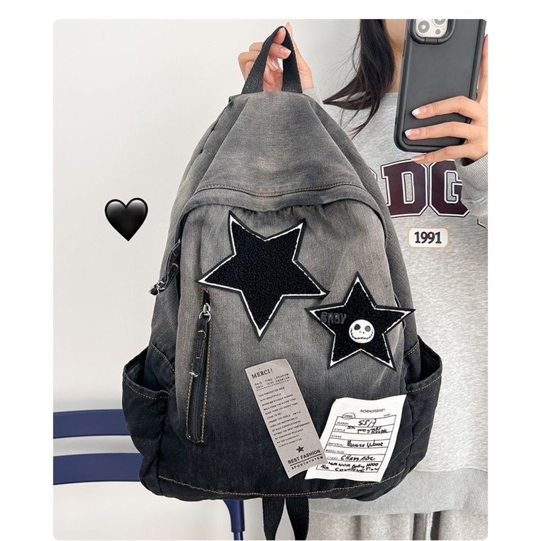 Gradient Washed Canvas Backpack 2024 College Student Student Denim ...