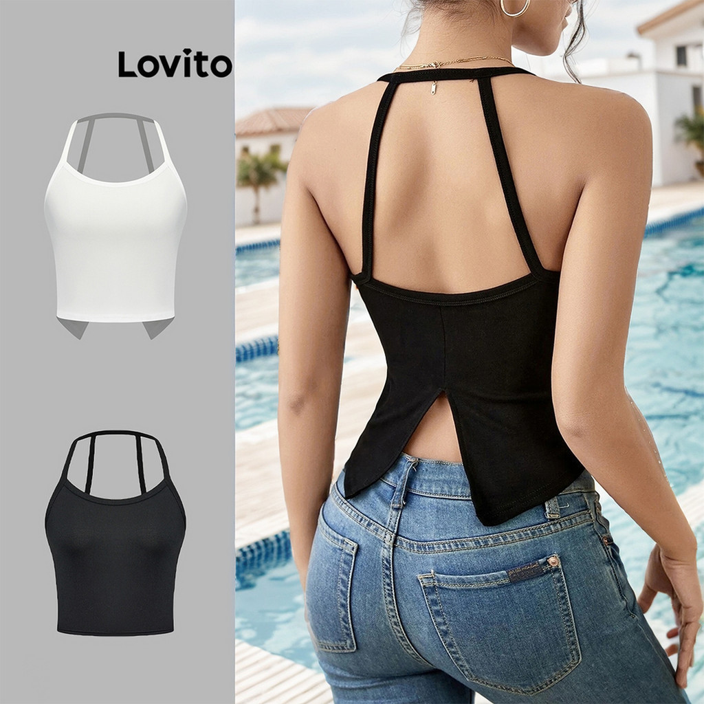 Lovito Casual Tank Top Plain Backless Crop Tank Top for Women L74ED103 ...