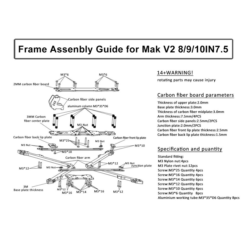 Cadre Carbone Pour Drone MAK4 MARK4 – 8/9/10 Pouces, Course Et Prise De Vue Aérienne