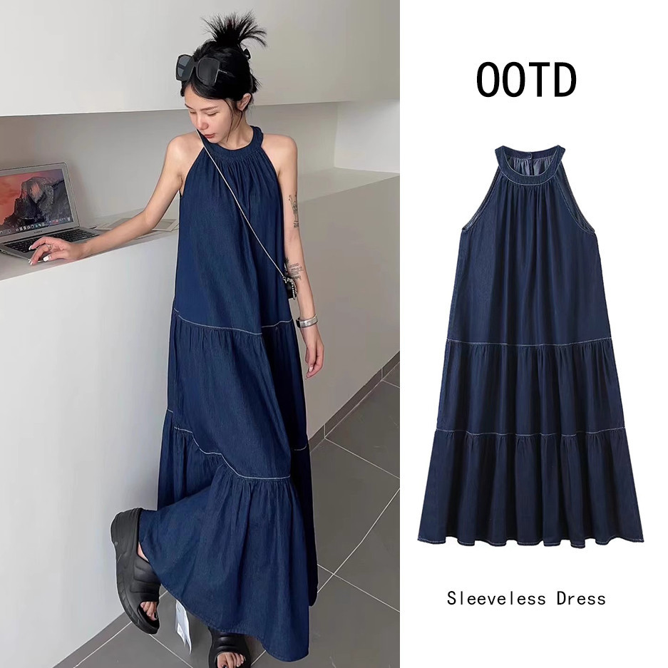 French print long backless suspender dress