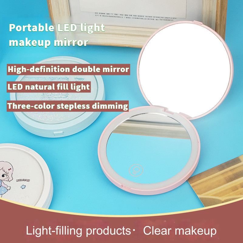Round LED Mirror - Three Color Solid LED Makeup Mirror Foldable Travel ...