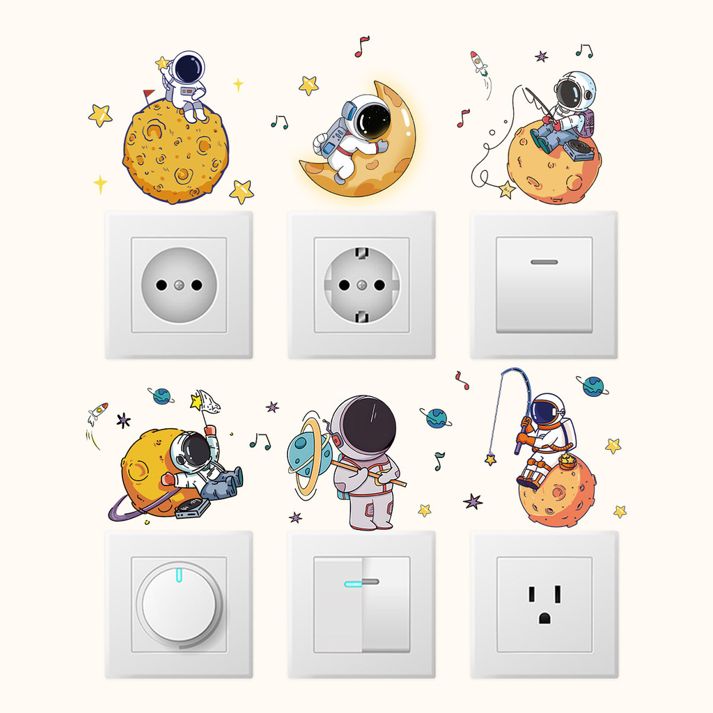 6PCS Cartoon Cute Astronaut Switch Stickers Self-adhesive Wall Stickers ...