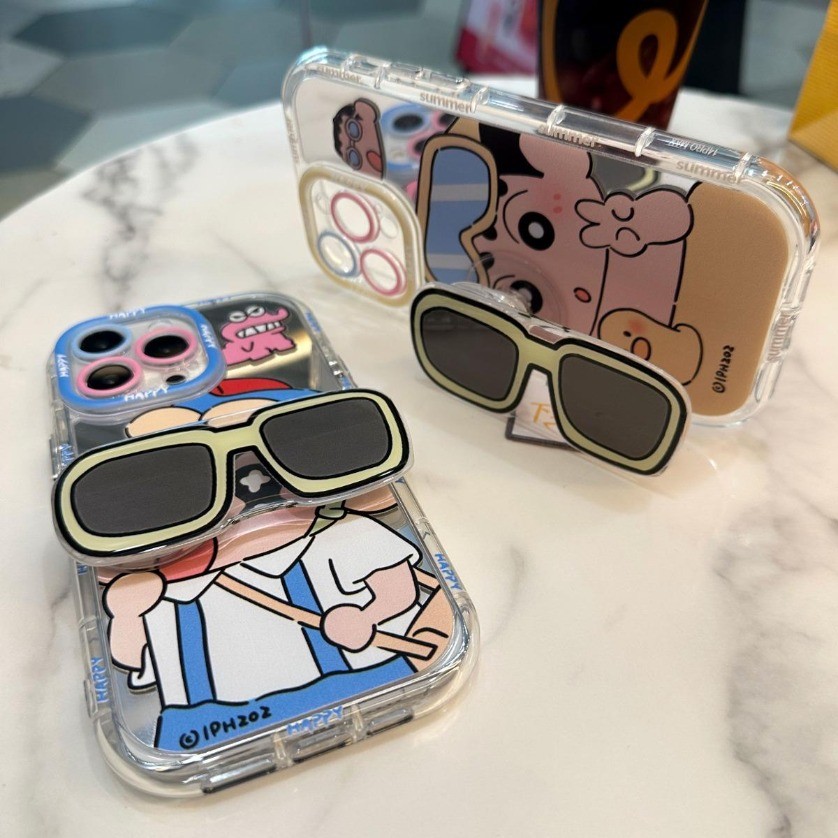 Cute Cartoon Make Up Mirror Phone Case Glasses Holder for iPhone