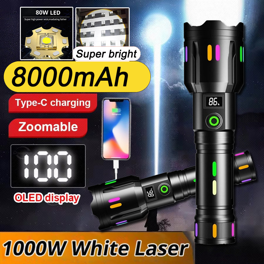 5000000LM 5000KM Lampu suluh White Laser Flashlight TYPE-C Rechargeable ...