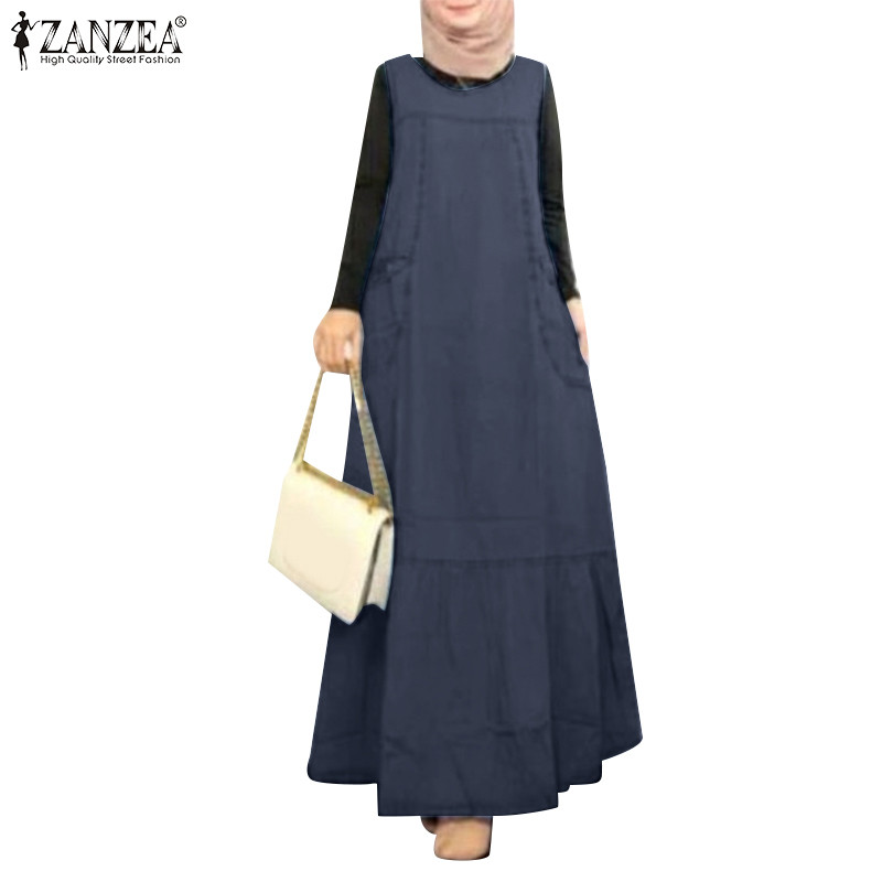ZANZEA Women Muslim Street Style Pockets Frilled Hem Sleeveless Denim Dress  | Shopee Malaysia