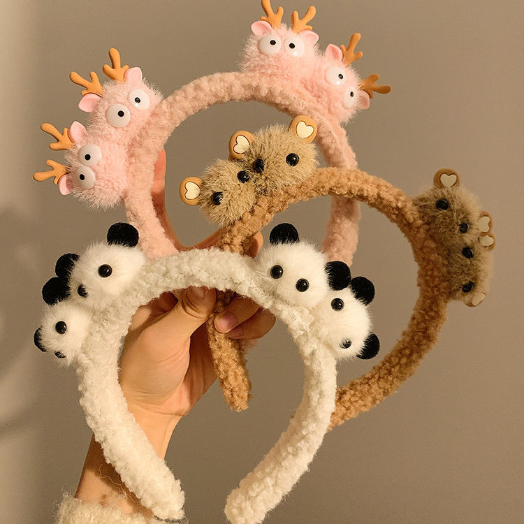 卡通小熊毛绒发箍女可爱熊猫洗脸发卡头箍发饰束发带毛茸茸秋冬Cartoon teddy bear plush headband, cute ...