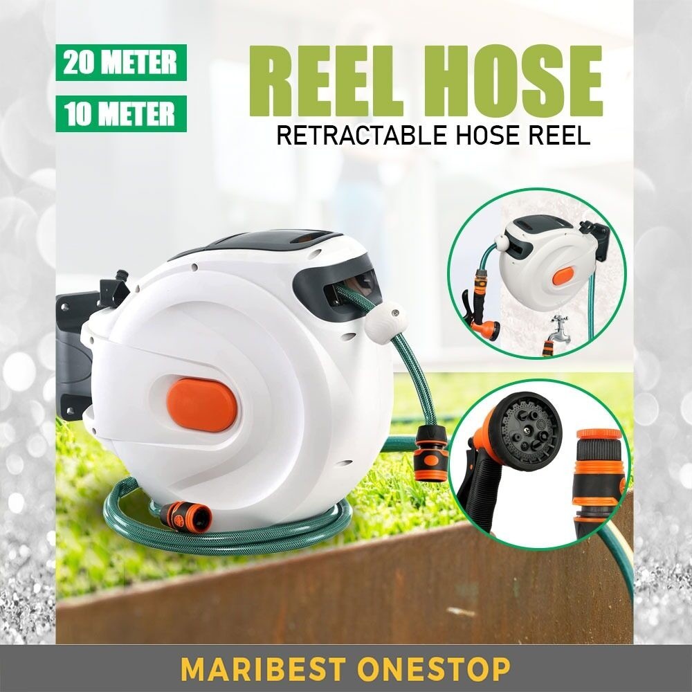 Retractable Water Hose Reel Roller 10m & 20m Auto Rewind Wall Mount ...