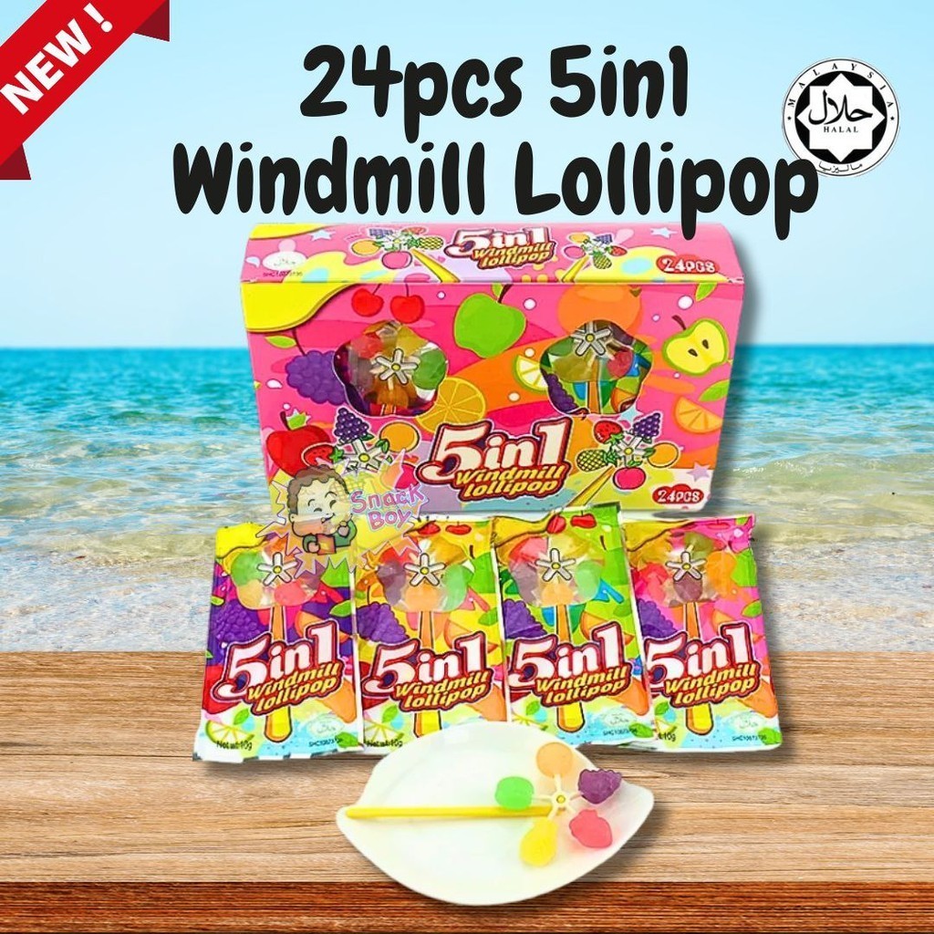 24pcs Ali 5in1 Windmill Lollipop Candy fruits flavour Gula kipas (pink ...