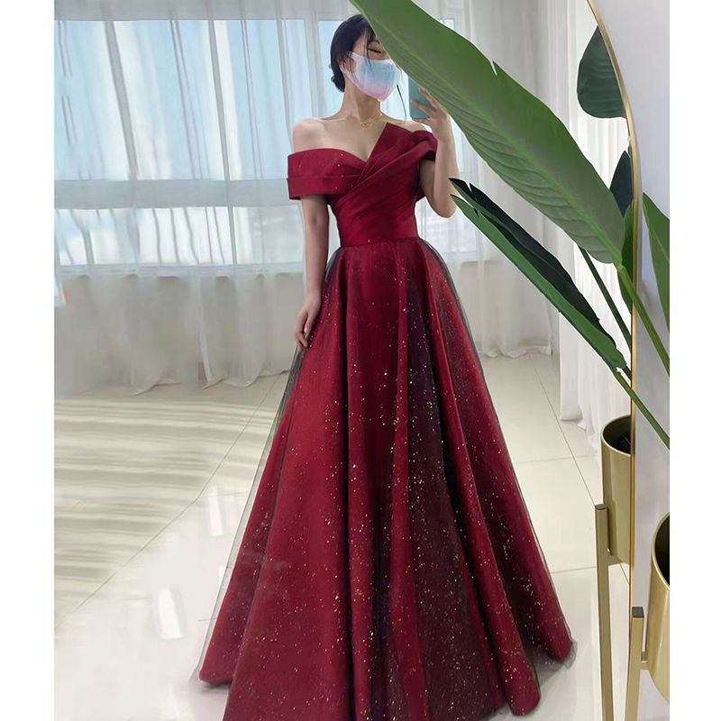 Red off the shoulder evening gown sales