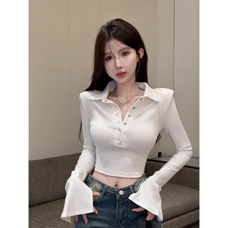 P POLO Shirt Lapel Long Sleeved t Shirt Women Spring Autumn New Style Slim Fit Slimmer Look Design Sense Navel Shopee Malaysia