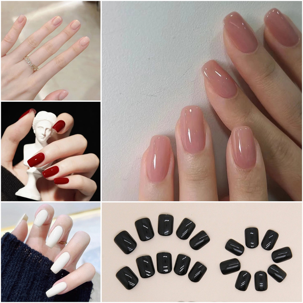 【Free Gift】24Pcs inai kuku Short Pure Color Fake Nails Set with Jelly ...