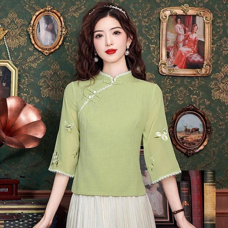 Chinese Style Embroidery Cheongsam Shirt for Women Summer Retro Stand Up Collar Pan Button Tang Top Plus Size Loose Blouse for Chinese New Year Shopee Malaysia