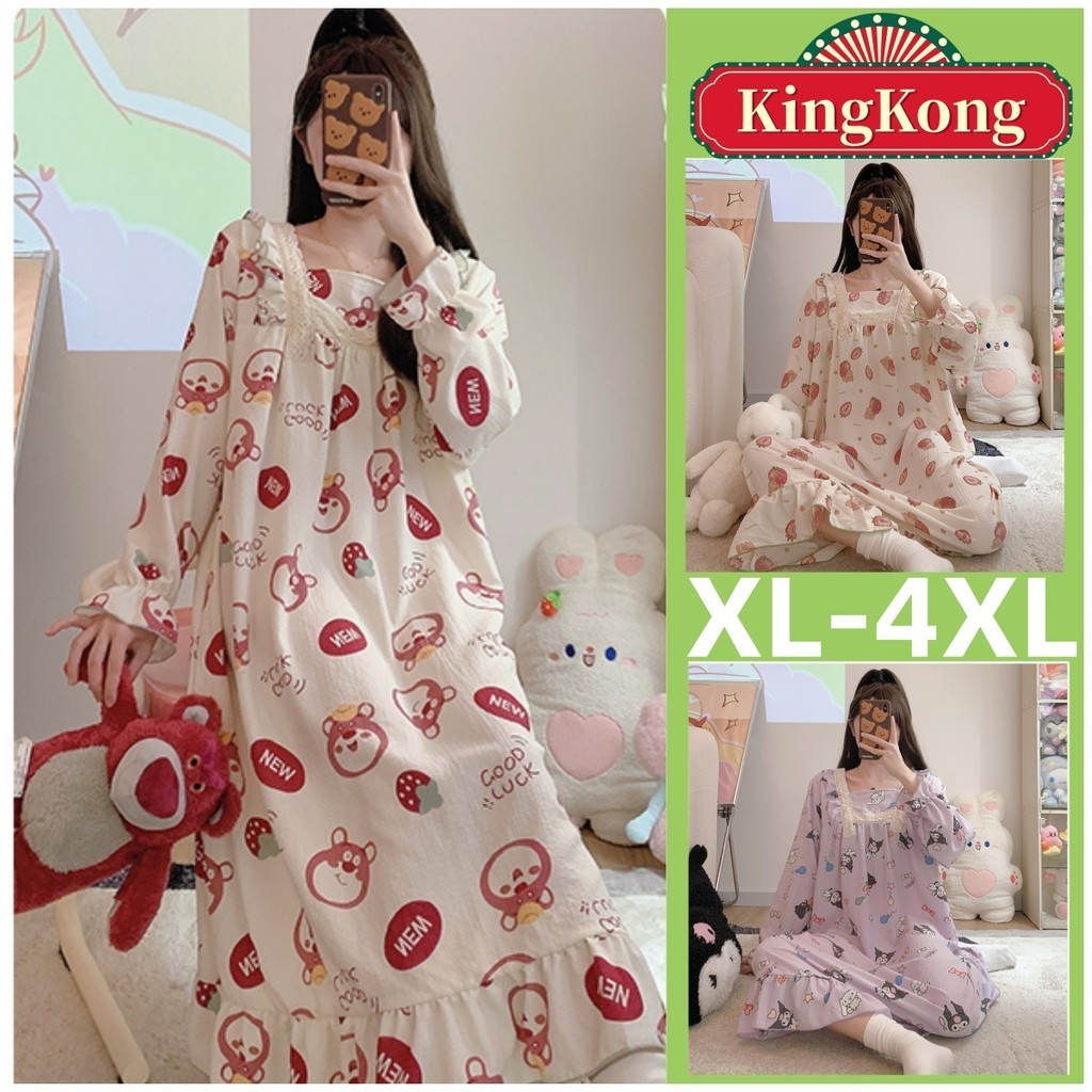 Baju Tidur Pyjamas Women XL 4XL Plus size Sleeping dress Cotton Long sleeves Pajamas Cartoon Night dress Cute Sleepwear Woman Home wear Shopee Malaysia