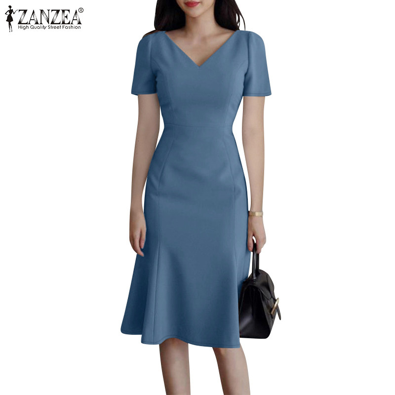 ZANZEA Women Korean V-Neck Zipper Short Sleeves Waistband Fishtail Hem ...