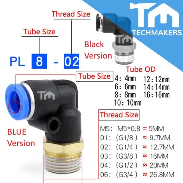 Male Elbow Pneumatic Quick Plug Joint PL Thread Elbow Push In Fitting Thread M3 M5 M6 1/81 /4 3/8 1/2 Tube 3-10mm