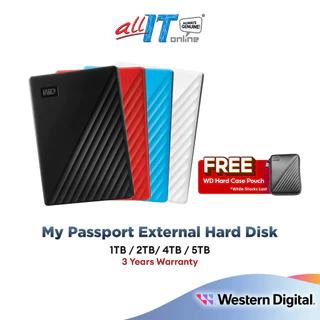 WD Western Digital My Passport USB3.0 Portable External Hard Disk Drive - Red/Blue/Black/White (1TB/2TB/4TB/5TB)