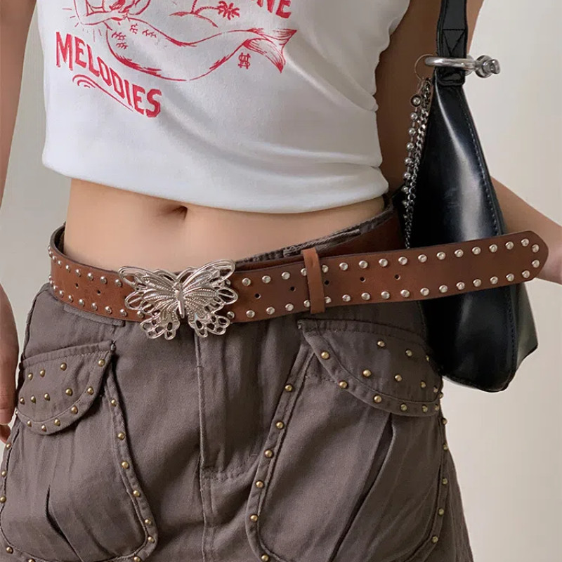 Y2k Brown Butterfly Rivets Large Belt Female Hip Hop Punk Fashion ...
