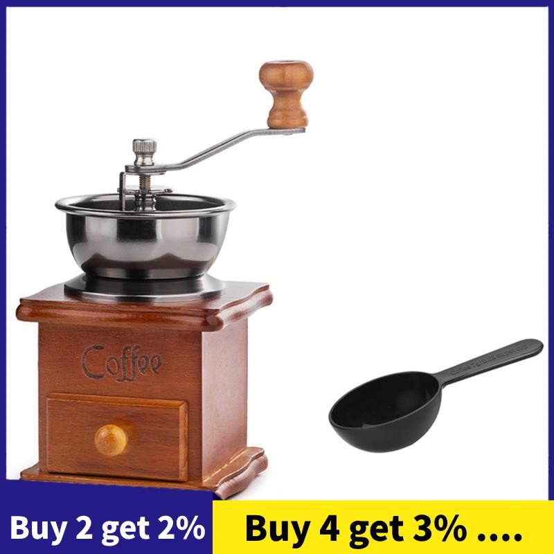 Manual Coffee Grinder withSpoon Mini Vintage Wooden Coffee Bean Grinder ...