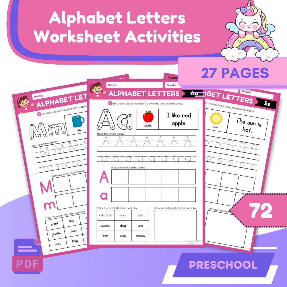 72 - Alphabet Letters Worksheet Activities for Kids | Tracing & Writing ...