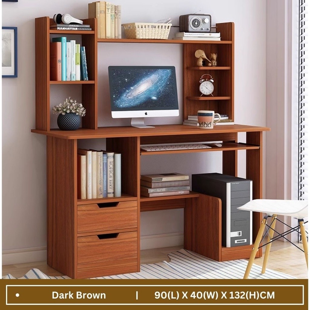  Dark Brown Computer Desk with Hutch and Drawers Office Workstation