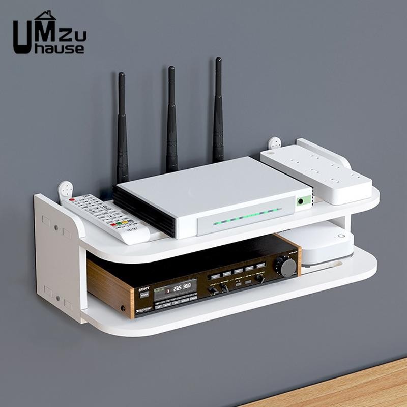2 Tier Wall Mount Shelf No Drill Router TV Box Power Strips Floating ...