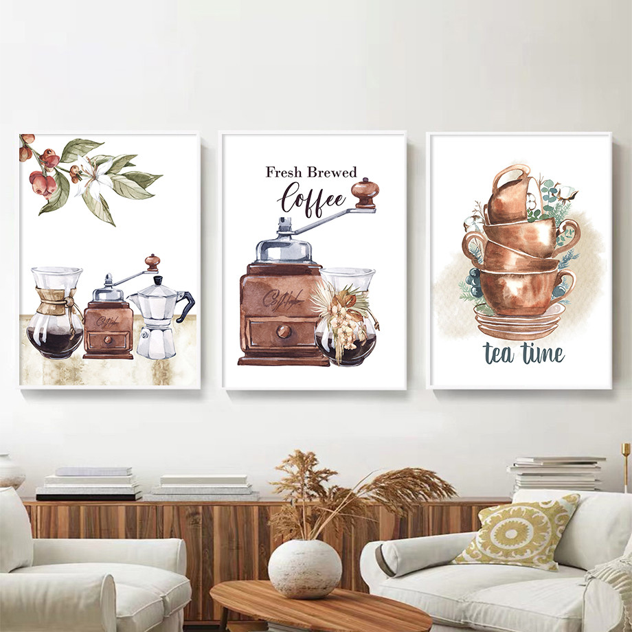 Fresh Brewed Tea Time Coffee Cup Machine Holly Fruit Wall Art Canvas
