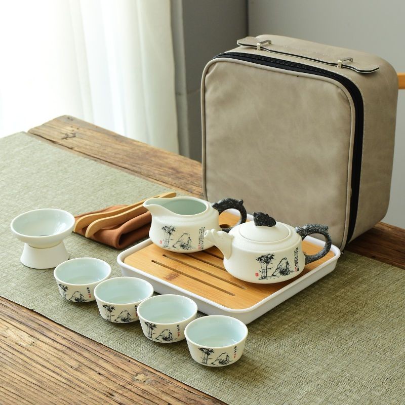 A complete set of Kung Fu ceramic travel tea sets, portable outdoor car ...